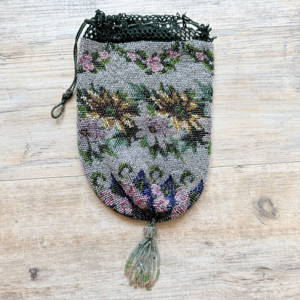 Antique Victorian Floral Glass Beaded Drawstring Purse Mesh Handbag Roses Bag